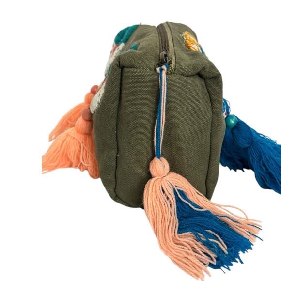 Raj LA Dark Sage Green Canvas Embroidered Tasseled Butterfly Cosmetic Bag NEW - Picture 3 of 6